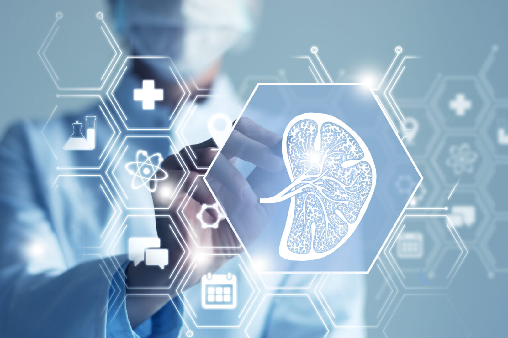 Unrecognizable female doctor holding graphic virtual visualization model of Spleen organ in hands. Multiple virtual medical icons. Telemedicine and human Spleen recovery concept. Neutral color palette, copy space for text.
